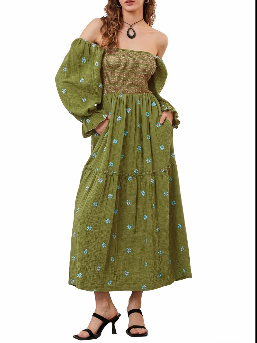 “Free People” Floral Smocked Maxi Dress in Green